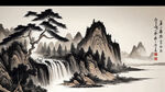 中国画山水画，旭日东升，鸿运当头，瀑布流水，聚宝盆