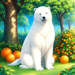 卡爱的北极熊在桔子树下抱着一堆桔子脸上开心的表情