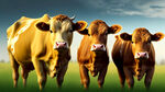 在草地上 三只黄牛 两只牛和一只小牛
