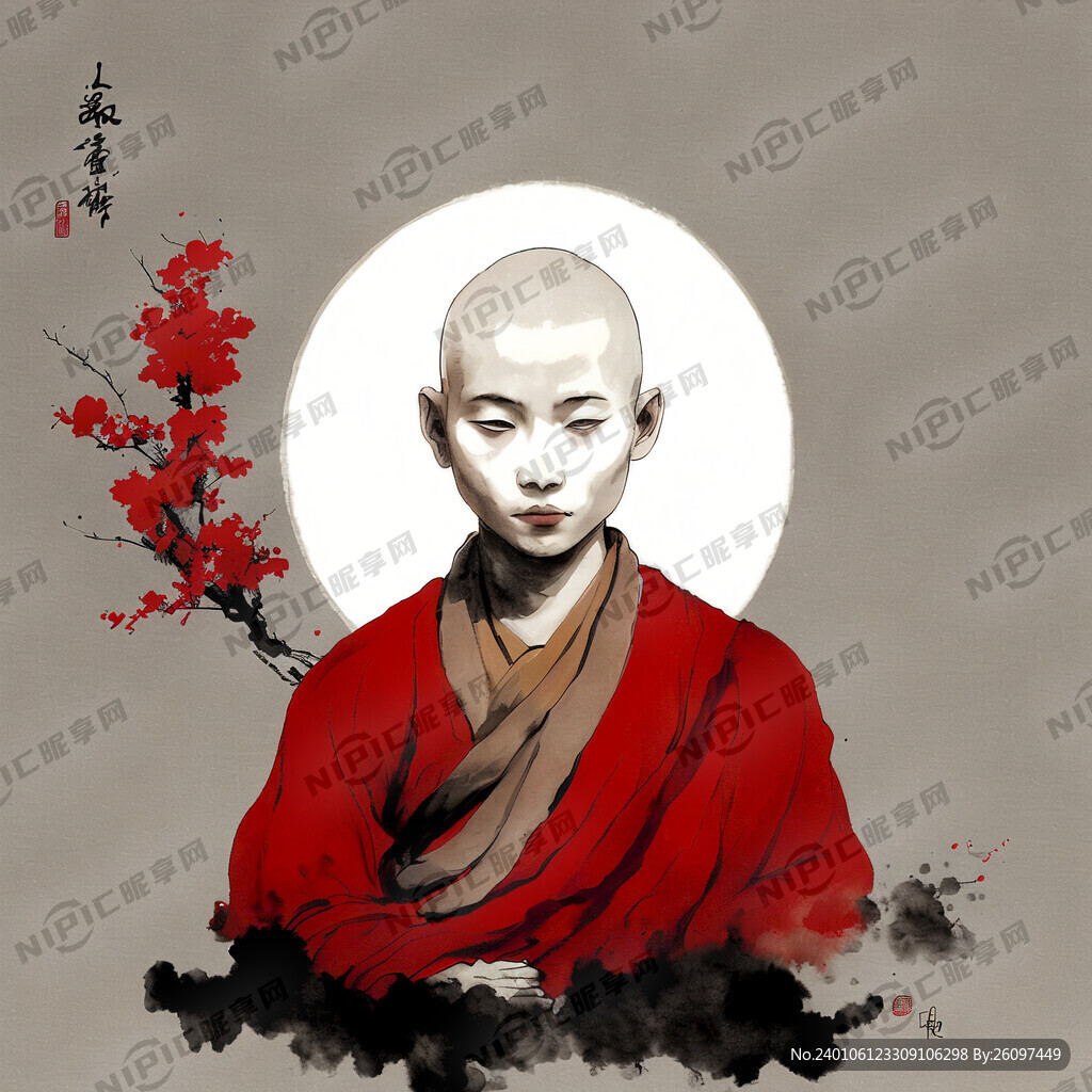 水墨 禅意 红色 小和尚