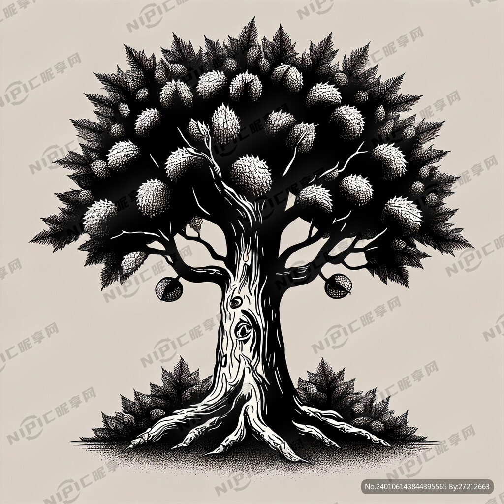 板栗树 插画 线条 单色 矢量