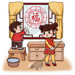 卡通春节大扫除