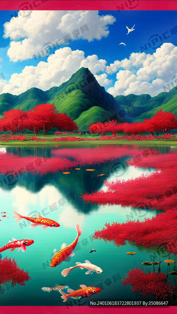画面中央有一潭水 天空有祥云