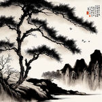 山水工笔画，线条勾画，中国风，有树木