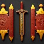 轩辕剑 ， 道家，八卦形状 ，黄色 ，朱红色，陶，谷穗纹理，高雅，