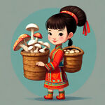 卡通民族少女，背装着各种菌和菇的竹篓