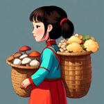 卡通民族少女，背装着各种菌和菇的竹篓
