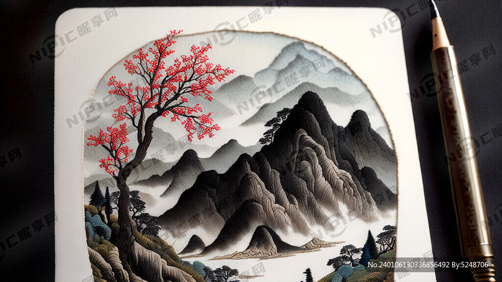 中国刺绣 山谷 中国风 中国画