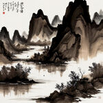 用中国水墨画的山水与巧克力河流融为一体