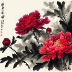 中国画   红色牡丹   漫天花海