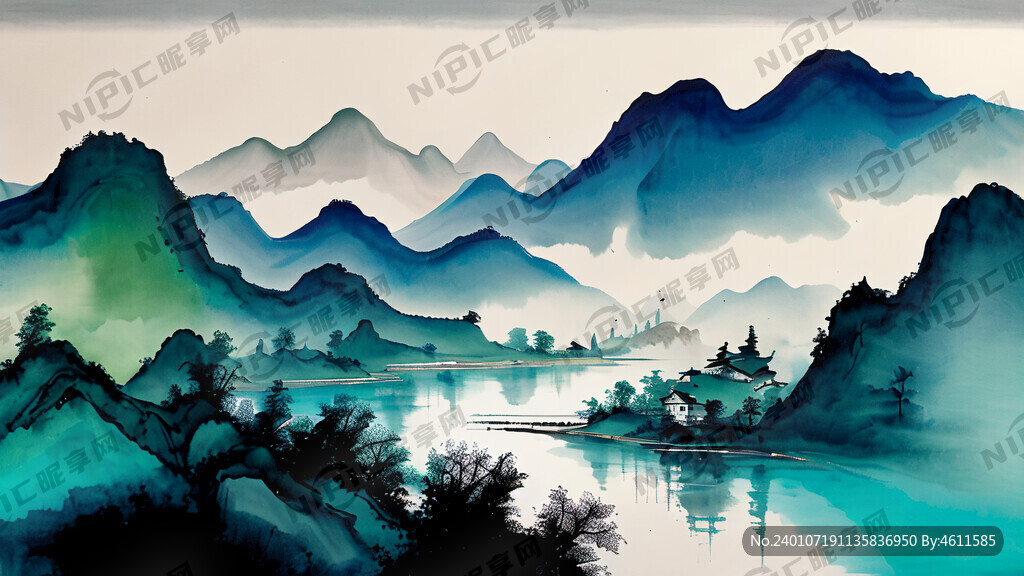 蓝绿渐变的背景 融入山水元素 