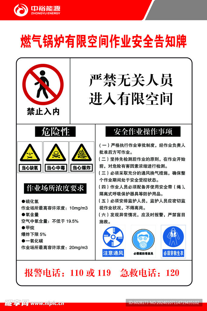 中裕能源燃气空间作业安全告知牌