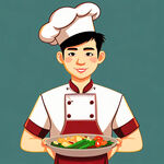 厨师，年轻男性，亚洲人，扁平化，卡通风格，可爱，麻辣烫，标识