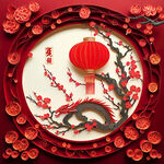 衍纸艺术，春节，威严的龙，唯美红色，红梅，红灯笼，高清，创意构图