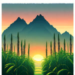 一片青皮甘蔗林，有山做背景，早晨太阳