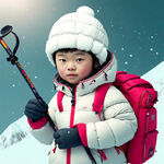 现代小朋友，穿着白色羽绒服，头戴滑雪帽，手拿簖做的滑雪杆，骑着大闸蟹，背着书包，书包上写着，江苏 姜堰。