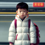 螃蟹头的小朋友，穿着白色羽绒服，背着书包，书包上写着，江苏 姜堰，背景是机场