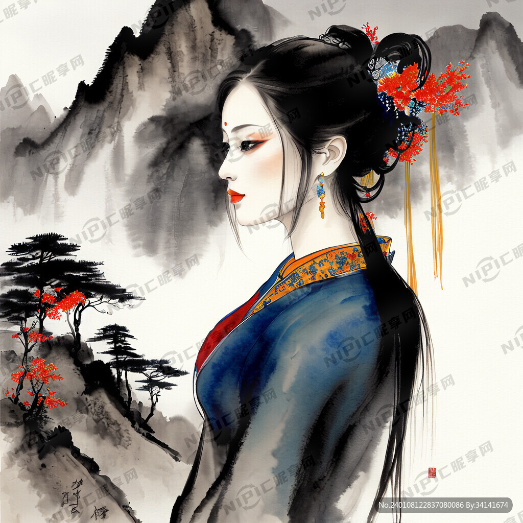 山水画彩色美女