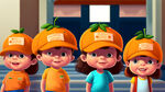在博物馆里有6个可爱的，戴着桔子造型的帽子的卡通小孩子在参观。他们很快乐，博物馆外是冰雪的世界