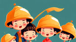 在博物馆里有8个可爱的戴着沙糖桔帽子的
小朋友