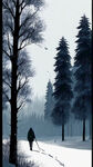 一个雪景与树木和一个孤独的人走在远处