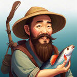 渔夫带着帽子  棕色头发  留着胡子 面带微笑  怀抱大鱼