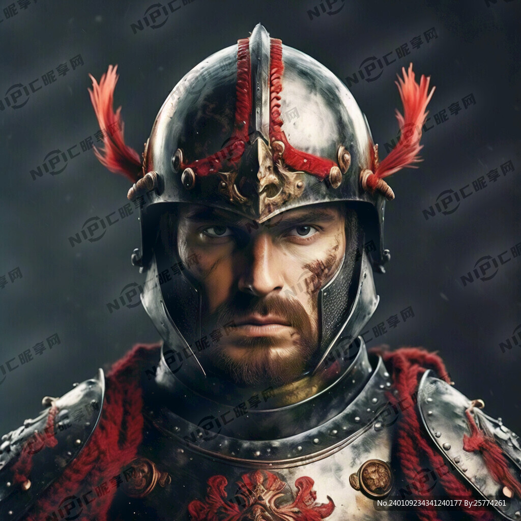 中世纪欧洲武士头像正面 彩色。