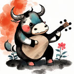 弹琵琶的囚牛 可爱风 中国画 插画