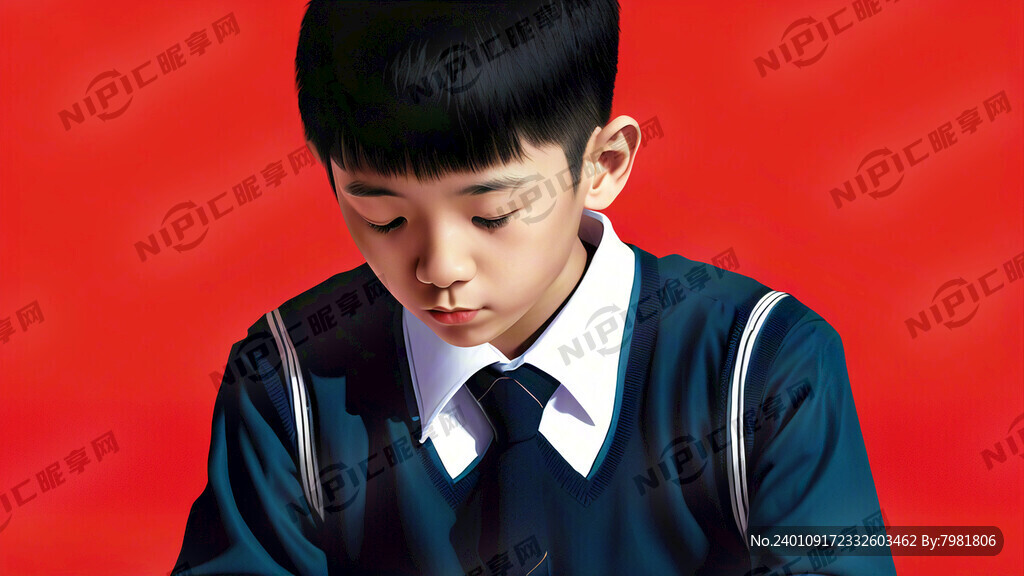 红色背景 男小学生背影 学习