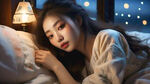 韩国长发瓜子脸美女 躺在床上可爱睡觉 床头柜的台灯亮光照在脸上 窗外星星月亮 窗帘随风飘逸