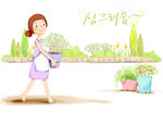 整理盆栽花的女孩插画