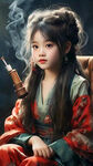 小女孩，古风，头上扎着两个大大的丸子头发，头发扎起来的，不要辫子，头上两有两个龙角，穿着红色的衣服，手上还拿着烟斗。坐在椅子上。看到手。