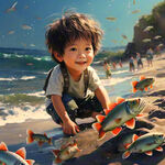 小男孩子在海滩捡鱼