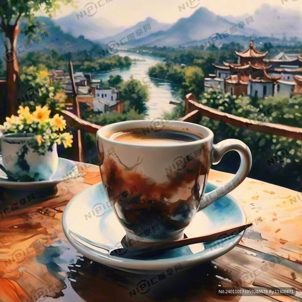 水彩画 木桌上一杯咖啡