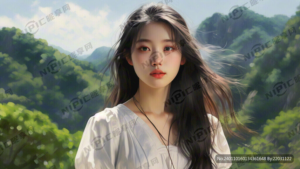 青山下白色连衣裙少女