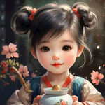 可爱的小女孩，手里端着一碗八宝粥，中国风插画