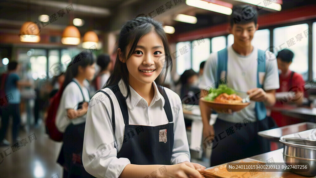 学校食堂阿姨们正在帮一群排队吃