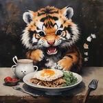 小老虎，可爱的，萌萌的，站立起来，简化，简单，在吃饭，中国风，中国画，高雅，高清，仙风道骨