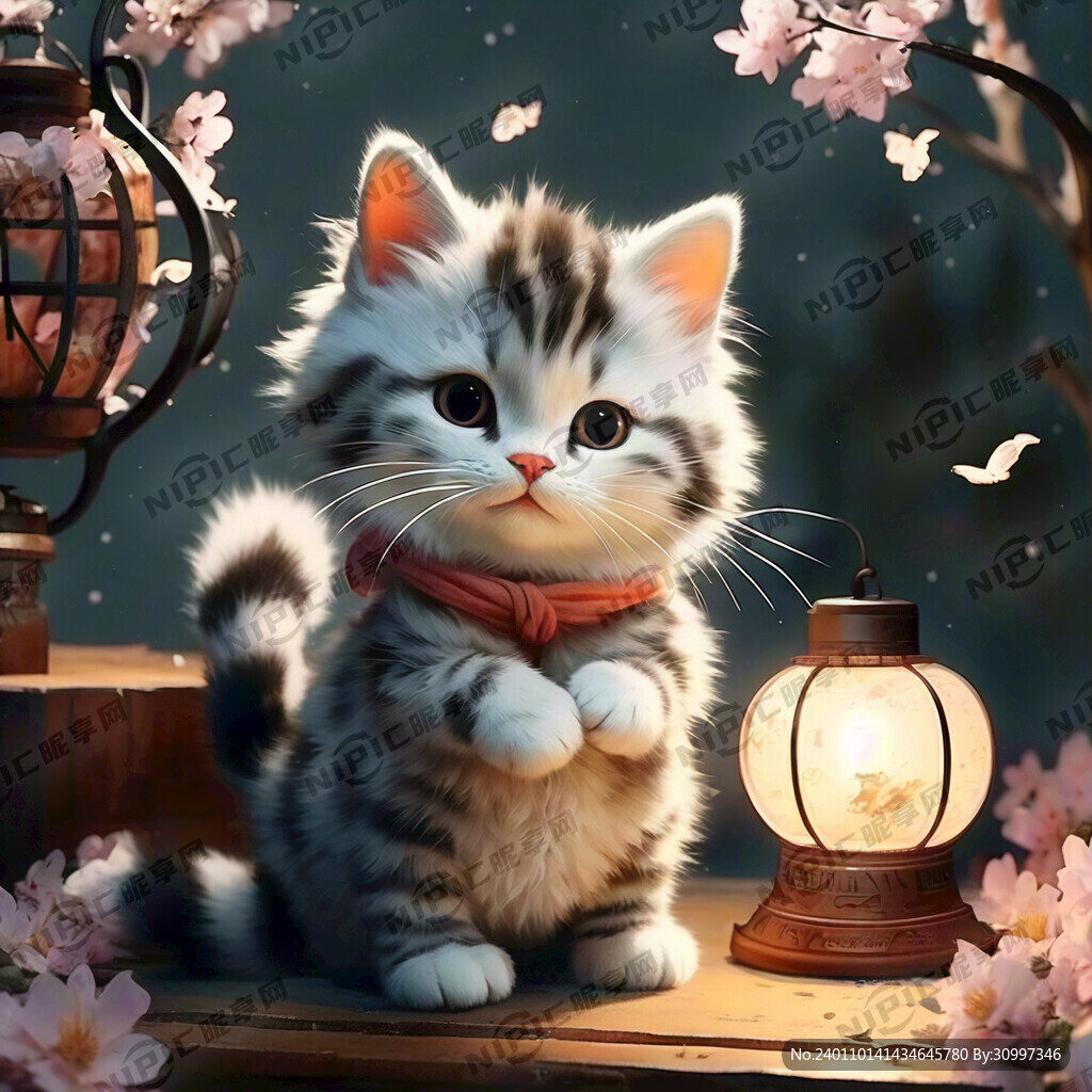 卡通猫人物 春天背景 灯笼