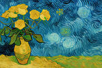 梵高画风黄色玫瑰蓝封面背景油画