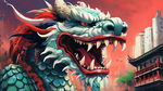 红色卡通中国龙，遨游，重庆高楼，高清，丰富细节，多色彩搭配，平面插画风格，色彩丰富，动漫风