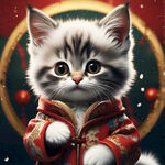 一只可爱的小猫，穿着新年喜庆的衣服，对着镜头拜年，渲染，泡泡玛特，高清画质，矢量图，