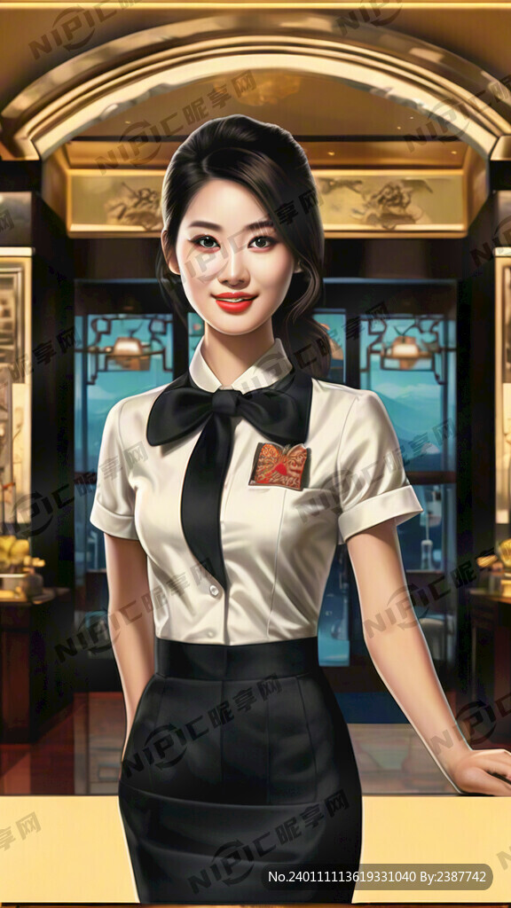 酒店大堂服务员 金色背景 插画