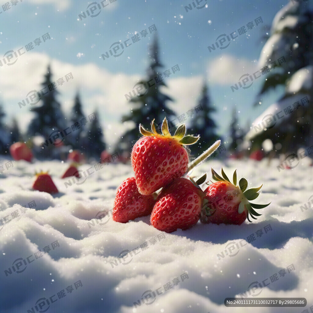 很多草莓在雪地里