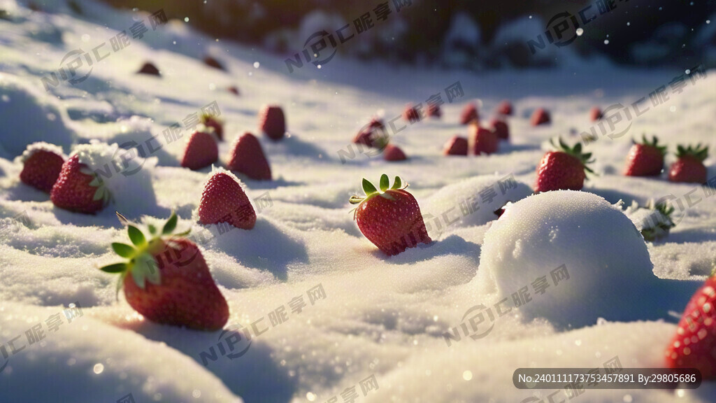 很多草莓在雪地里滚动