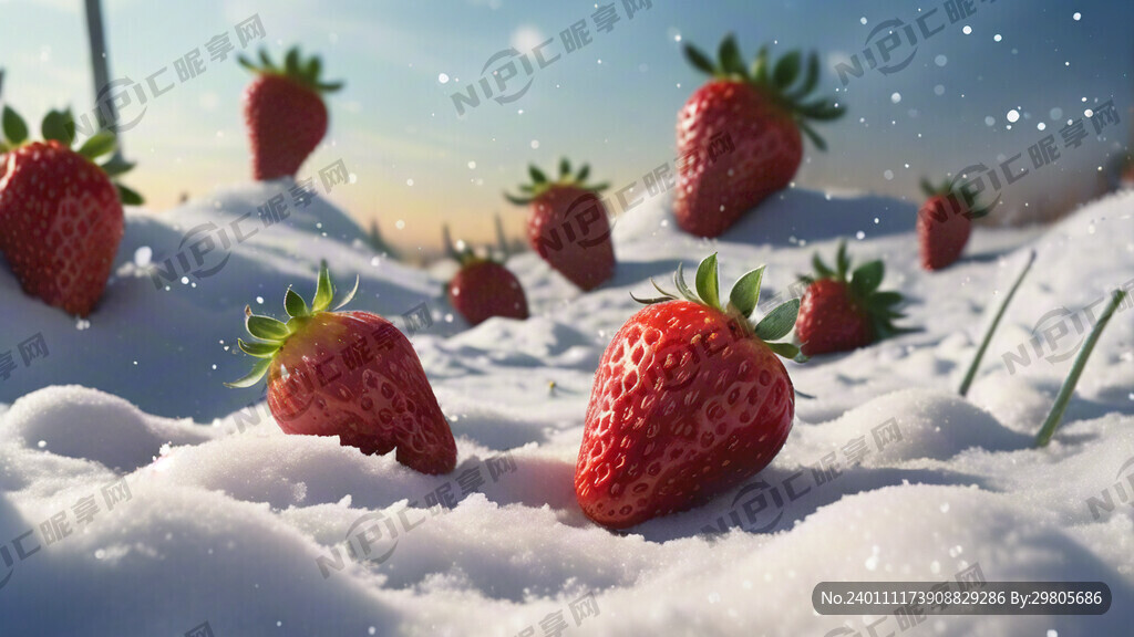 很多草莓在雪地里滚动
