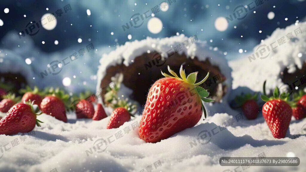 很多草莓在雪地里滚动