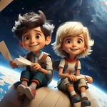 小男孩和小女孩坐在纸飞机上向左上面的天空飞去   面容精致 毛发精致  卡通  高清