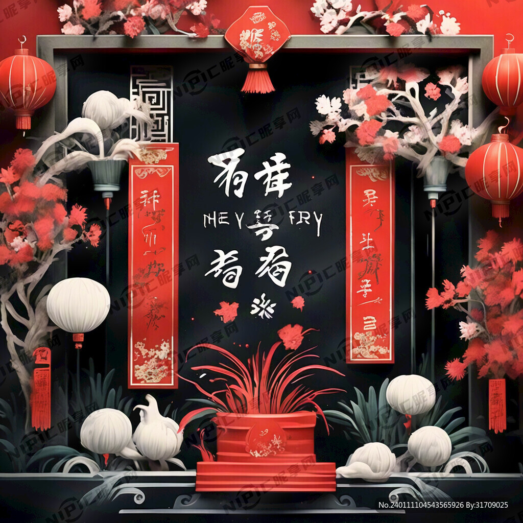 红色背景毛笔字主题的春节春联主