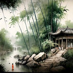 下雨的竹林中，中国古代旅行者。